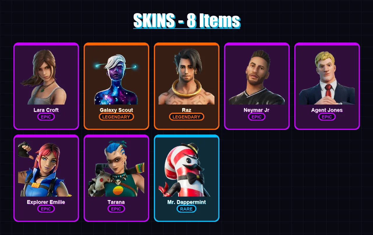 [PC/XBOX/PSN] | Lara Croft | Galaxy Scout | Raz | Neymar Jr | Agent Jones | 8 skin | 5 pickaxe | 10 emote | 7 glider | Lv69