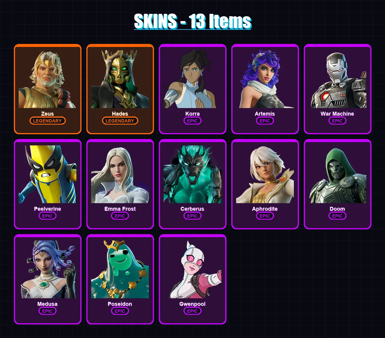 [PC/XBOX/PSN] | Zeus | Hades | Korra | Artemis | War Machine | 13 skin | 32 pickaxe | 21 emote | 30 glider | Lv328