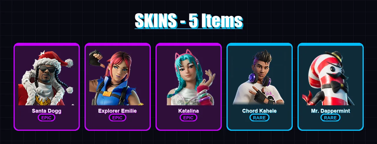 [PC/XBOX] | Santa Dogg | Explorer Emilie | Katalina | Chord Kahele | Mr. Dappermint | 5 skin | 21 pickaxe | 8 emote | 13 glider | Lv115