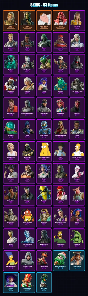 [PS4/PS5/XBOX/PC] | Zeus | Hades | Peter Griffin | Valeria | The Bride | 63 skin | 128 pickaxe | 87 emote | 86 glider | Lv1564 — Fortnite account