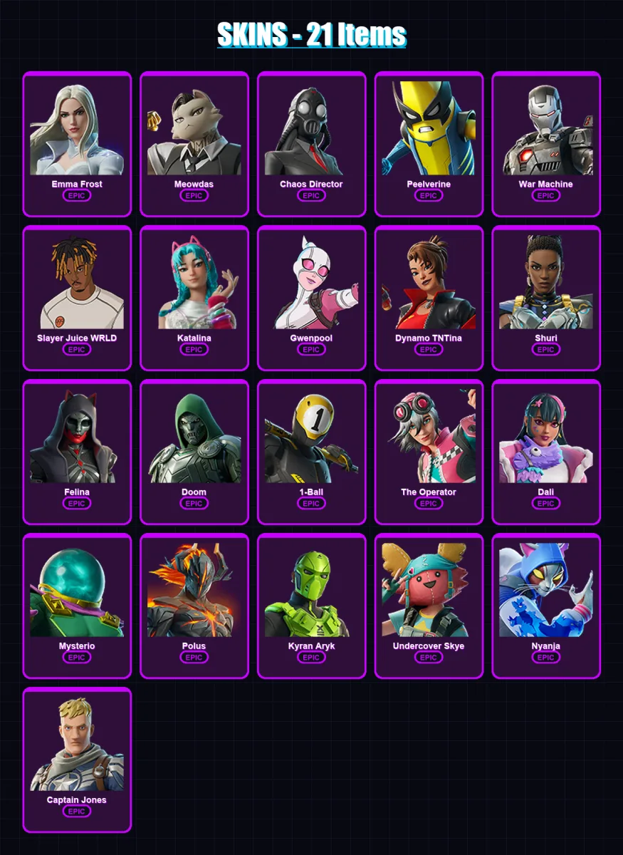 [PS4/PS5/PC] | Emma Frost | Meowdas | Chaos Director | Peelverine | War Machine | 21 skin | 36 pickaxe | 28 emote | 21 glider | Lv345