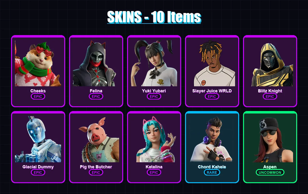 [PS4/PS5/XBOX/PC] | Cheeks | Felina | Yuki Yubari | Slayer Juice WRLD | Blitz Knight | 10 skin | 73 pickaxe | 30 emote | 46 glider | Lv974