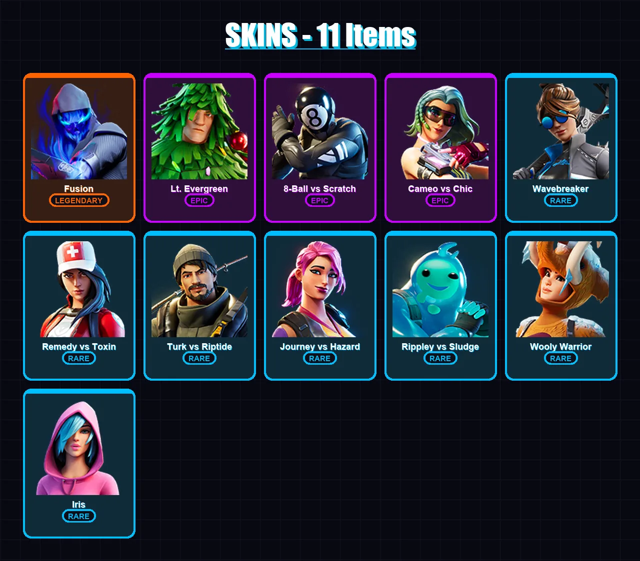 [PC/XBOX/PSN] | Fusion | Lt. Evergreen | 8-Ball vs Scratch | Cameo vs Chic | Wavebreaker | 11 skin | 16 pickaxe | 18 emote | 15 glider | Lv371