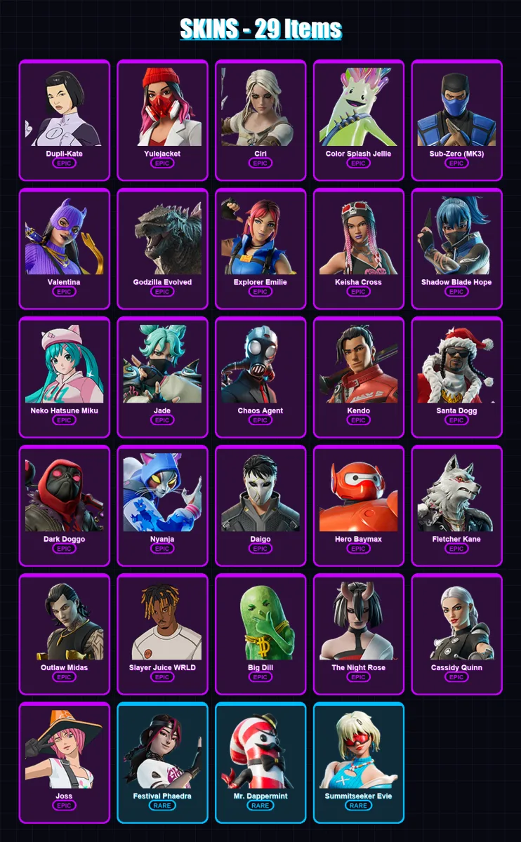 [PC/XBOX/PSN] | Dupli-Kate | Yulejacket | Ciri | Color Splash Jellie | Sub-Zero (MK3) | 29 skin | 43 pickaxe | 27 emote | 28 glider | Lv608 — Fortnite account