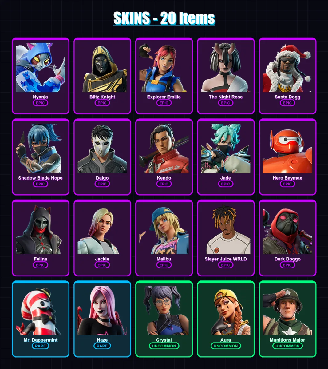 [PC/XBOX/PSN] | Nyanja | Blitz Knight | Explorer Emilie | The Night Rose | Santa Dogg | 20 skin | 43 pickaxe | 22 emote | 35 glider | Lv525 — Fortnite account