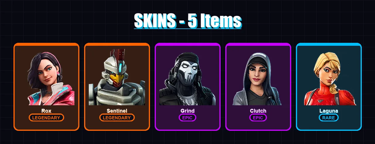 [PC/XBOX/PSN] | Rox | Sentinel | Grind | Clutch | Laguna | 5 skin | 2 pickaxe | 3 emote | 3 glider | Lv34