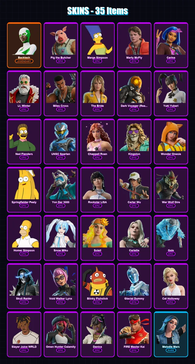 [PS4/PS5/PC] | Backlash | Pig the Butcher | Marge Simpson | Marty McFly | Carina | 35 skin | 58 pickaxe | 40 emote | 35 glider | Lv556