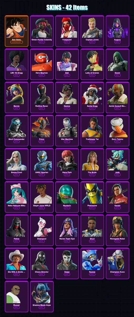 [PC/PSN] | Son Goku | Omen Hunter Calamity | Yulejacket | Captain Jones | Augury | 42 skin | 62 pickaxe | 34 emote | 30 glider | Lv458