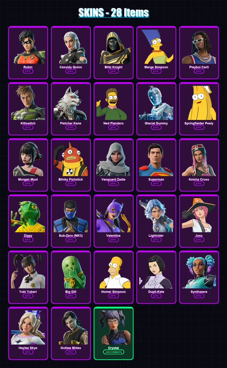 [PC/XBOX/PSN] | Robin | Cassidy Quinn | Blitz Knight | Marge Simpson | Playboi Carti | 28 skin | 67 pickaxe | 45 emote | 46 glider | Lv761