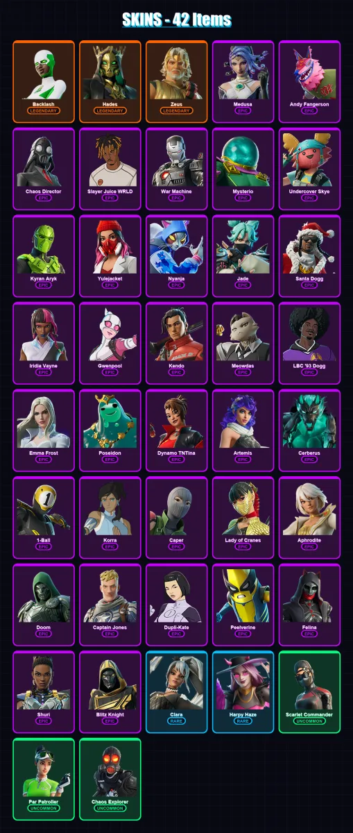 [PC/XBOX] | Backlash | Hades | Zeus | Medusa | Andy Fangerson | 42 skin | 92 pickaxe | 43 emote | 53 glider | Lv670