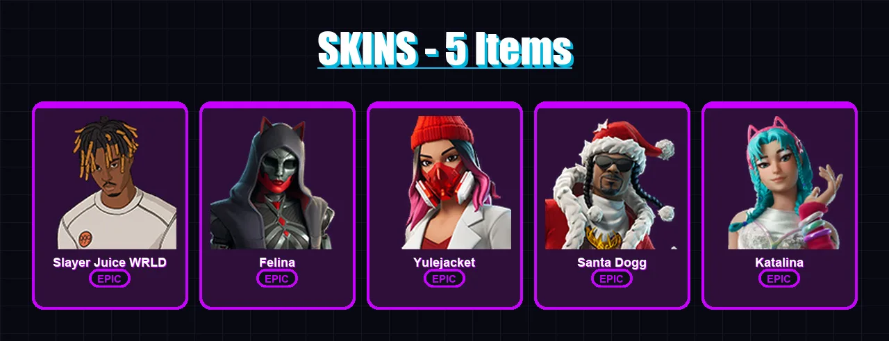 [PC/XBOX/PSN] | Slayer Juice WRLD | Felina | Yulejacket | Santa Dogg | Katalina | 5 skin | 12 pickaxe | 7 emote | 9 glider | Lv93