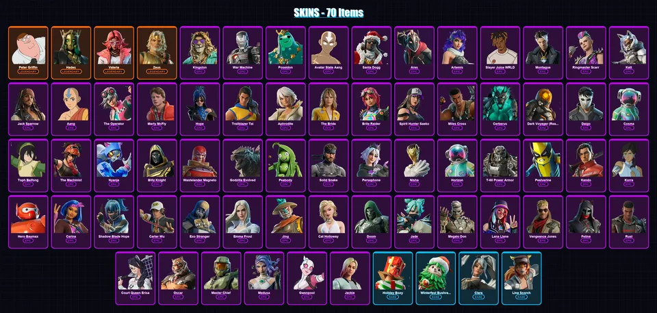 [PC/XBOX/PSN] | Peter Griffin | Hades | Valeria | Zeus | Kingston | 70 skin | 104 pickaxe | 81 emote | 72 glider | Lv962 — main preview