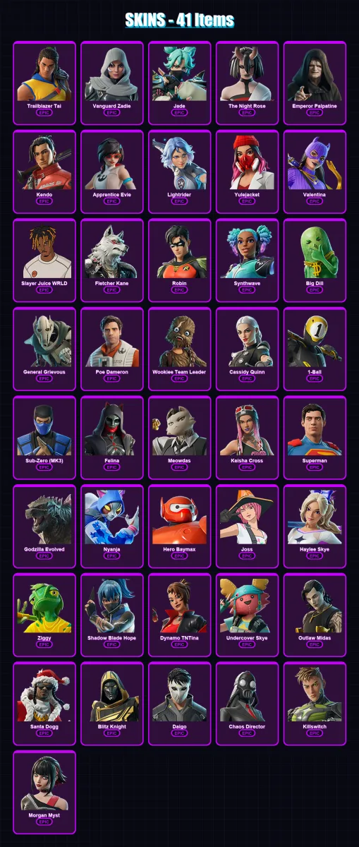 [PC/XBOX/PSN] | Trailblazer Tai | Vanguard Zadie | Jade | The Night Rose | Emperor Palpatine | 41 skin | 81 pickaxe | 48 emote | 58 glider | Lv1124
