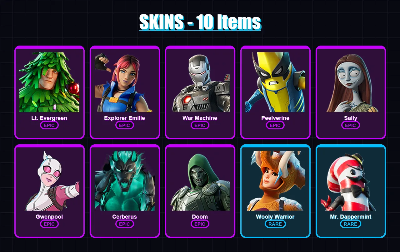 [SWITCH/XBOX/PSN/PC] | Lt. Evergreen | Explorer Emilie | War Machine | Peelverine | Sally | 10 skin | 19 pickaxe | 10 emote | 18 glider | Lv92