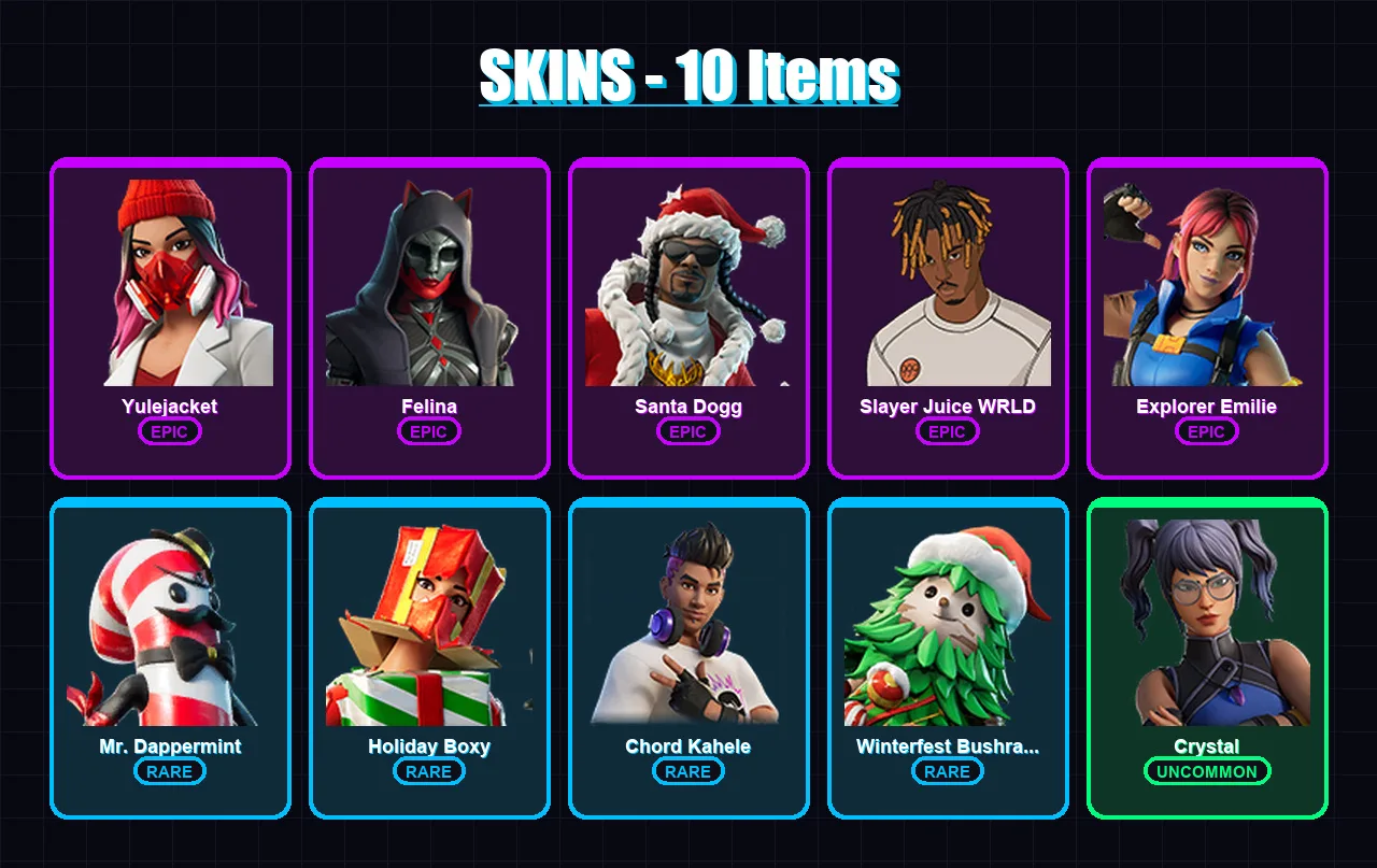 [PS4/PS5/PC] | Yulejacket | Felina | Santa Dogg | Slayer Juice WRLD | Explorer Emilie | 10 skin | 34 pickaxe | 20 emote | 23 glider | Lv419