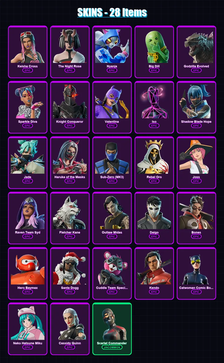 [PC/XBOX/PSN] | Keisha Cross | The Night Rose | Nyanja | Big Dill | Godzilla Evolved | 28 skin | 43 pickaxe | 30 emote | 31 glider | Lv451