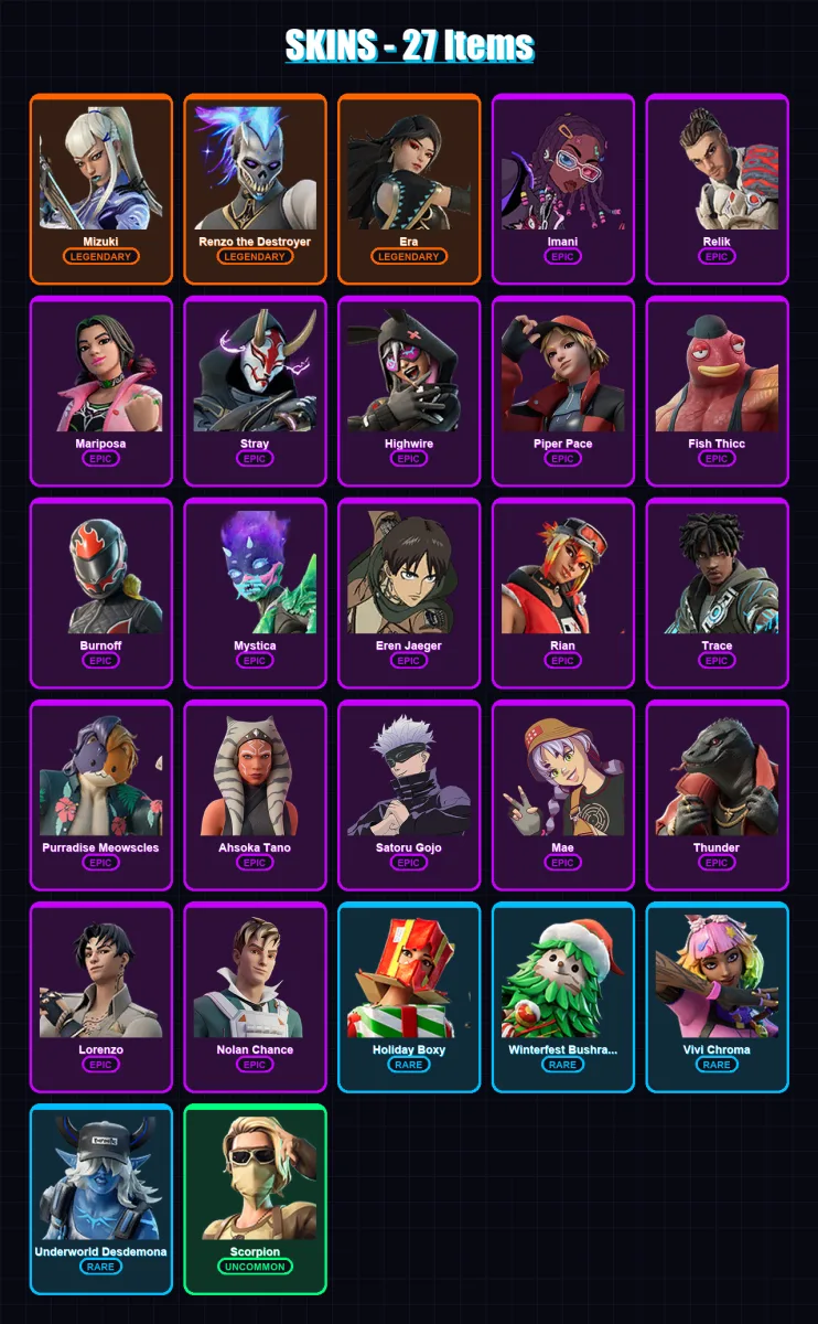 [PC/PSN] | Mizuki | Renzo the Destroyer | Era | Imani | Relik | 27 skin | 27 pickaxe | 28 emote | 29 glider | Lv308 — Fortnite account