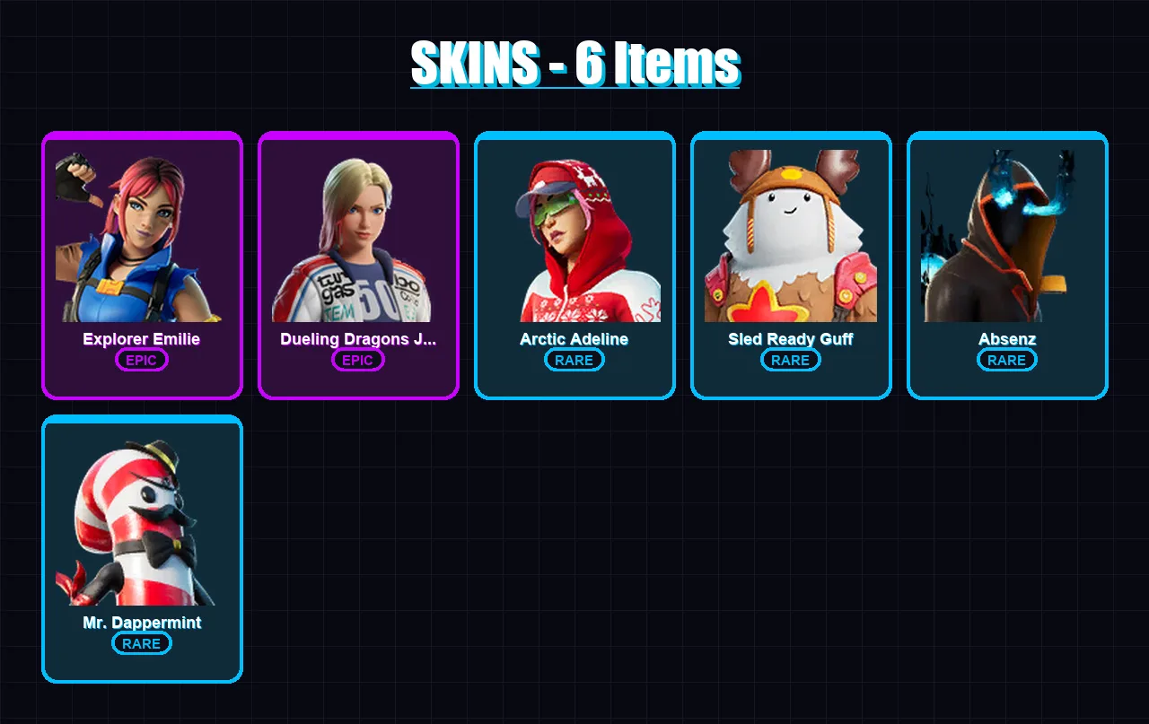 [PC/XBOX] | Explorer Emilie | Dueling Dragons Jackie | Arctic Adeline | Sled Ready Guff | Absenz | 6 skin | 10 pickaxe | 7 emote | 10 glider | Lv72
