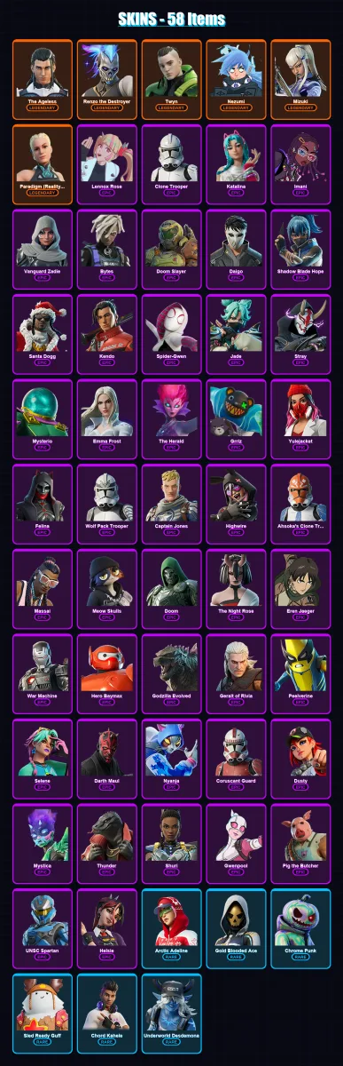 [PC/PSN] | The Ageless | Renzo the Destroyer | Twyn | Nezumi | Mizuki | 58 skin | 115 pickaxe | 77 emote | 87 glider | Lv1629