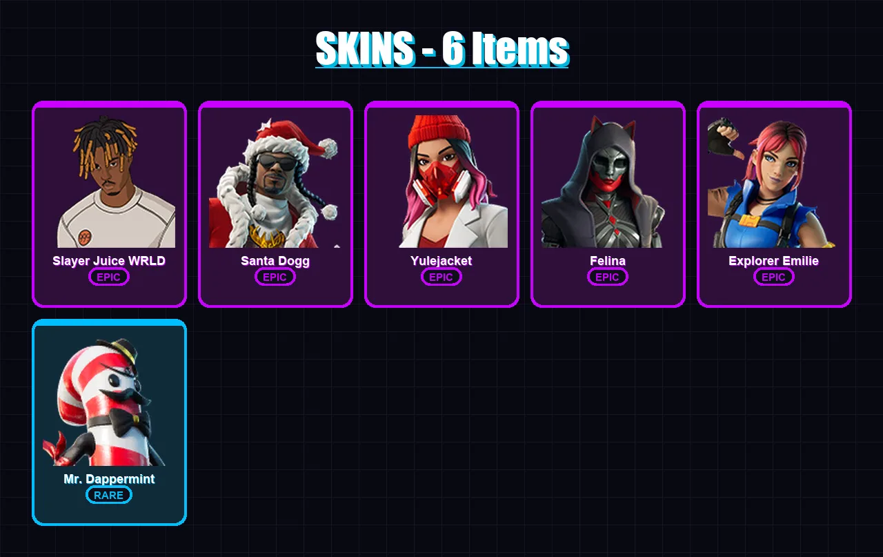 [PC/XBOX/PSN] | Slayer Juice WRLD | Santa Dogg | Yulejacket | Felina | Explorer Emilie | 6 skin | 16 pickaxe | 8 emote | 10 glider | Lv135