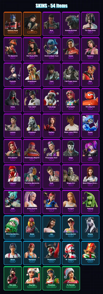 [PS4/PS5/XBOX/PC] | Optimus Prime | Era | Rust | Godzilla Evolved | The Night Rose | 54 skin | 82 pickaxe | 67 emote | 62 glider | Lv1076