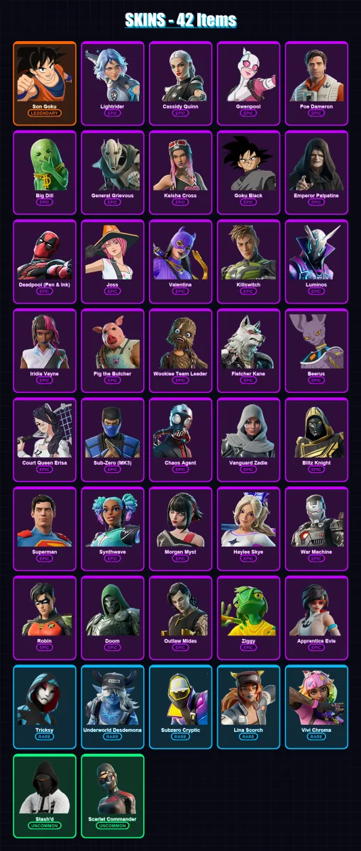 [PC] | Son Goku | Lightrider | Cassidy Quinn | Gwenpool | Poe Dameron | 42 skin | 64 pickaxe | 47 emote | 53 glider | Lv852