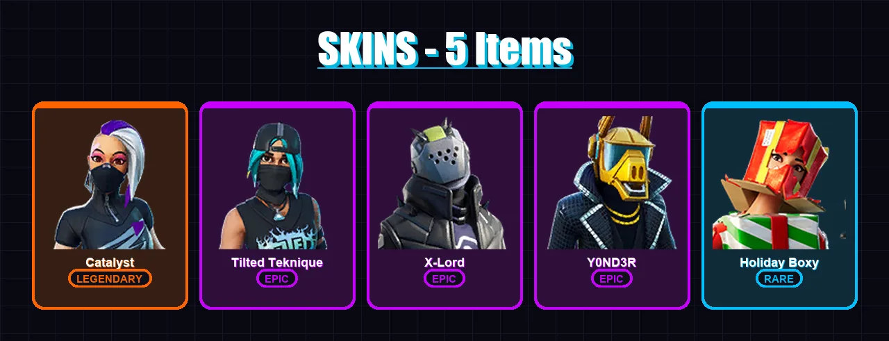 [PC/PSN] | Catalyst | Tilted Teknique | X-Lord | Y0ND3R | Holiday Boxy | 5 skin | 8 pickaxe | 12 emote | 14 glider | Lv145