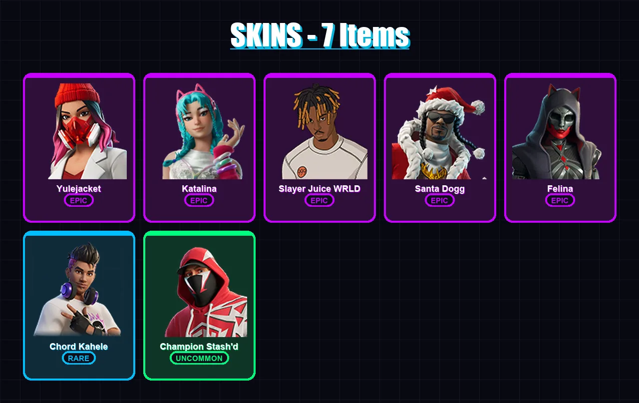 [PC/XBOX/PSN] | Yulejacket | Katalina | Slayer Juice WRLD | Santa Dogg | Felina | 7 skin | 33 pickaxe | 16 emote | 22 glider | Lv334