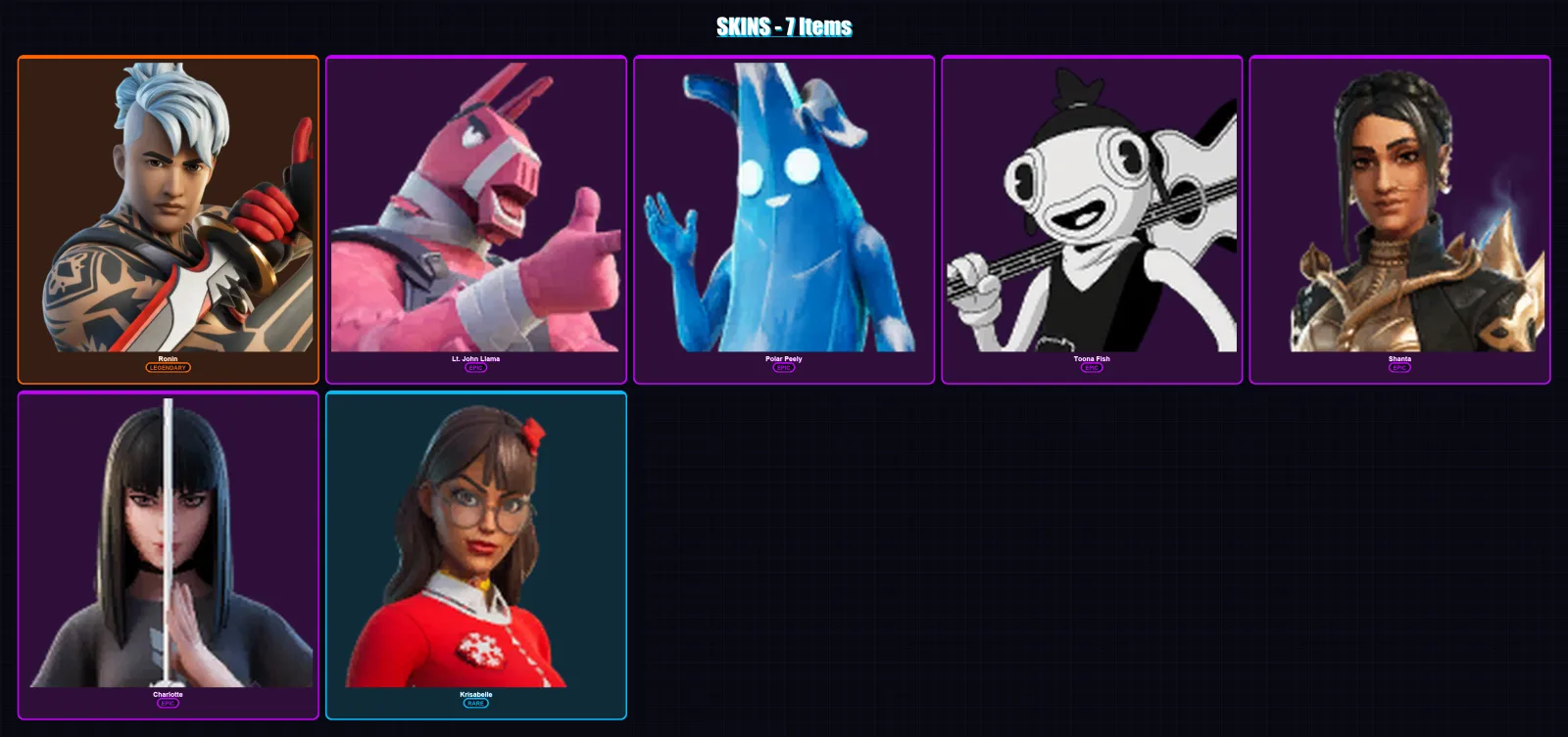 [PC/XBOX/PSN] | Ronin | Lt. John Llama | Polar Peely | Toona Fish | Shanta | 7 skin | 12 pickaxe | 15 emote | 15 glider | Lv153