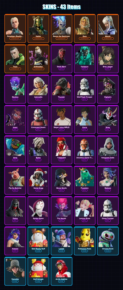 [PC/XBOX/PSN] | Paradigm (Reality-659) | Hades | Renzo the Destroyer | Zeus | Mizuki | 43 skin | 91 pickaxe | 47 emote | 69 glider | Lv842