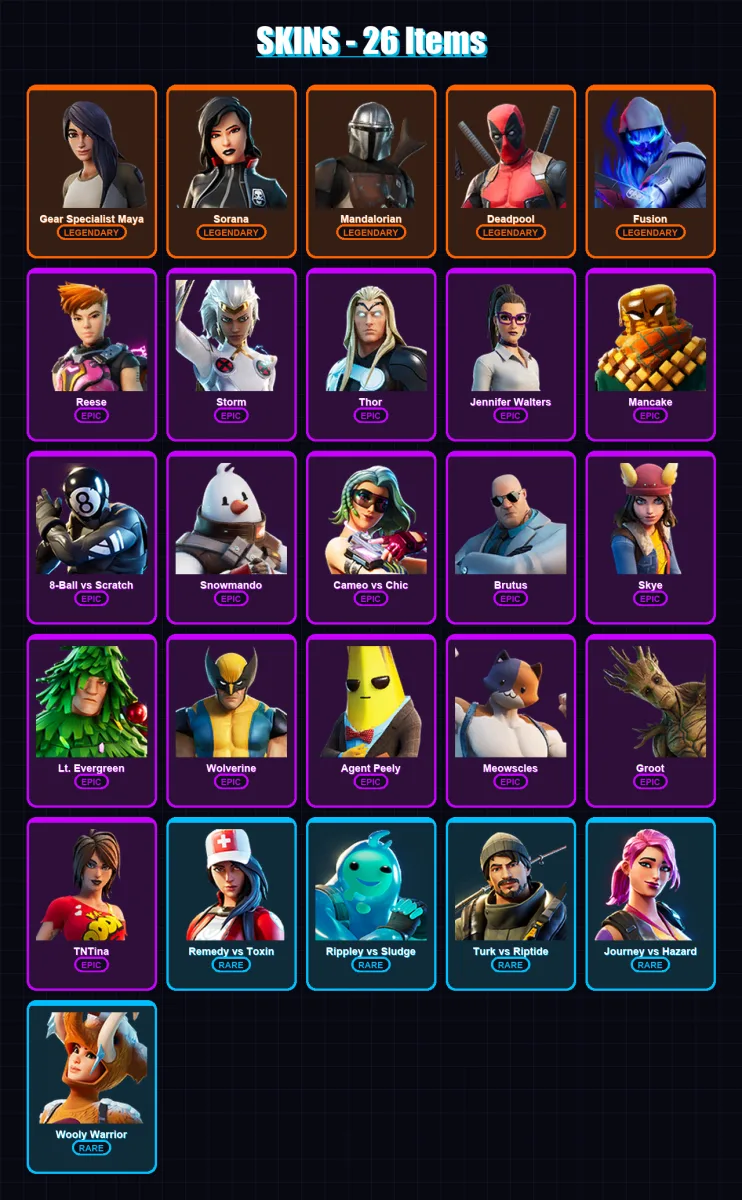 [PC/XBOX/PSN] | Gear Specialist Maya | Sorana | Mandalorian | Deadpool | Fusion | 26 skin | 31 pickaxe | 28 emote | 33 glider | Lv521 — Fortnite account