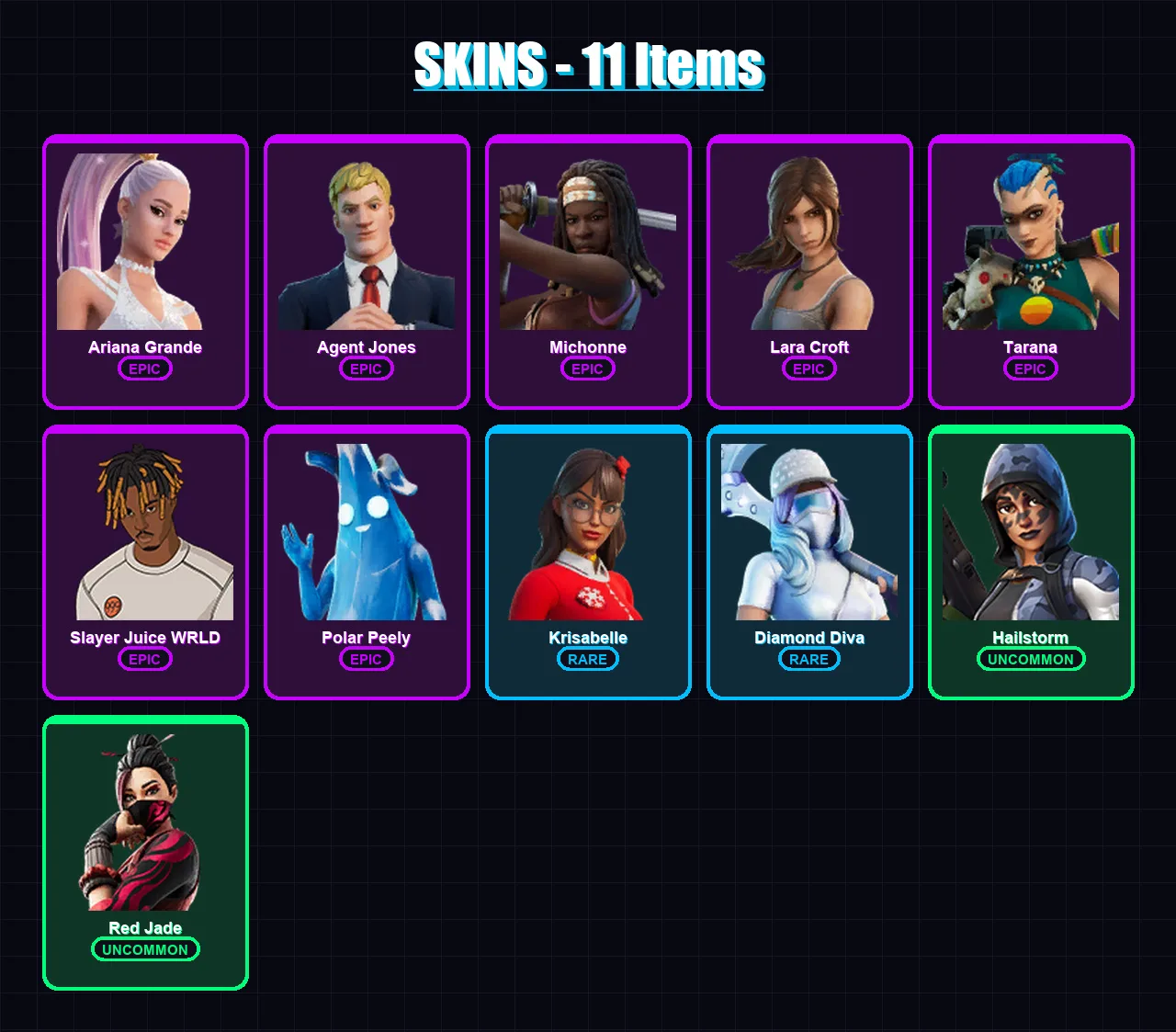 [PC/XBOX] | Ariana Grande | Agent Jones | Michonne | Lara Croft | Tarana | 11 skin | 20 pickaxe | 11 emote | 15 glider | Lv123