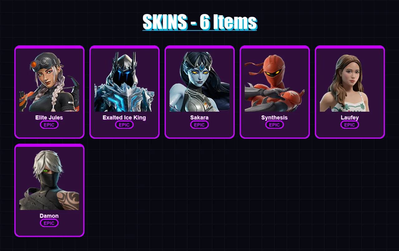 [PC/PSN] | Elite Jules | Exalted Ice King | Sakara | Synthesis | Laufey | 6 skin | 8 pickaxe | 3 emote | 7 glider | Lv19