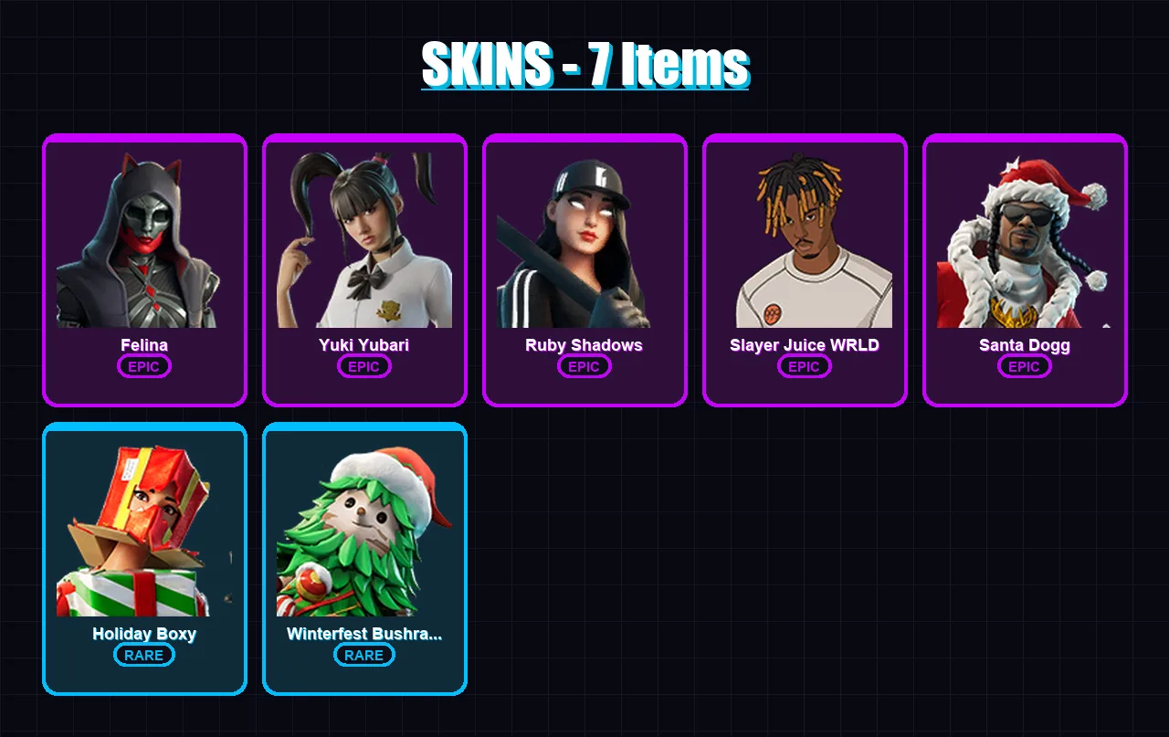 [PC/XBOX/PSN] | Felina | Yuki Yubari | Ruby Shadows | Slayer Juice WRLD | Santa Dogg | 7 skin | 30 pickaxe | 14 emote | 20 glider | Lv312