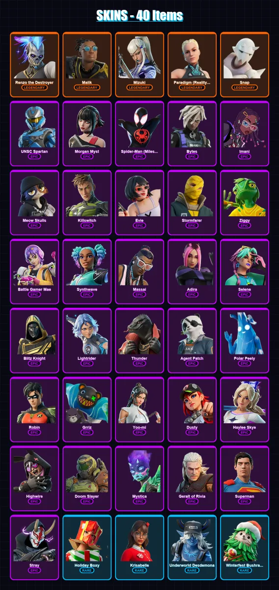 [PC/XBOX] | Renzo the Destroyer | Malik | Mizuki | Paradigm (Reality-659) | Snap | 40 skin | 64 pickaxe | 49 emote | 68 glider | Lv841 — Fortnite account