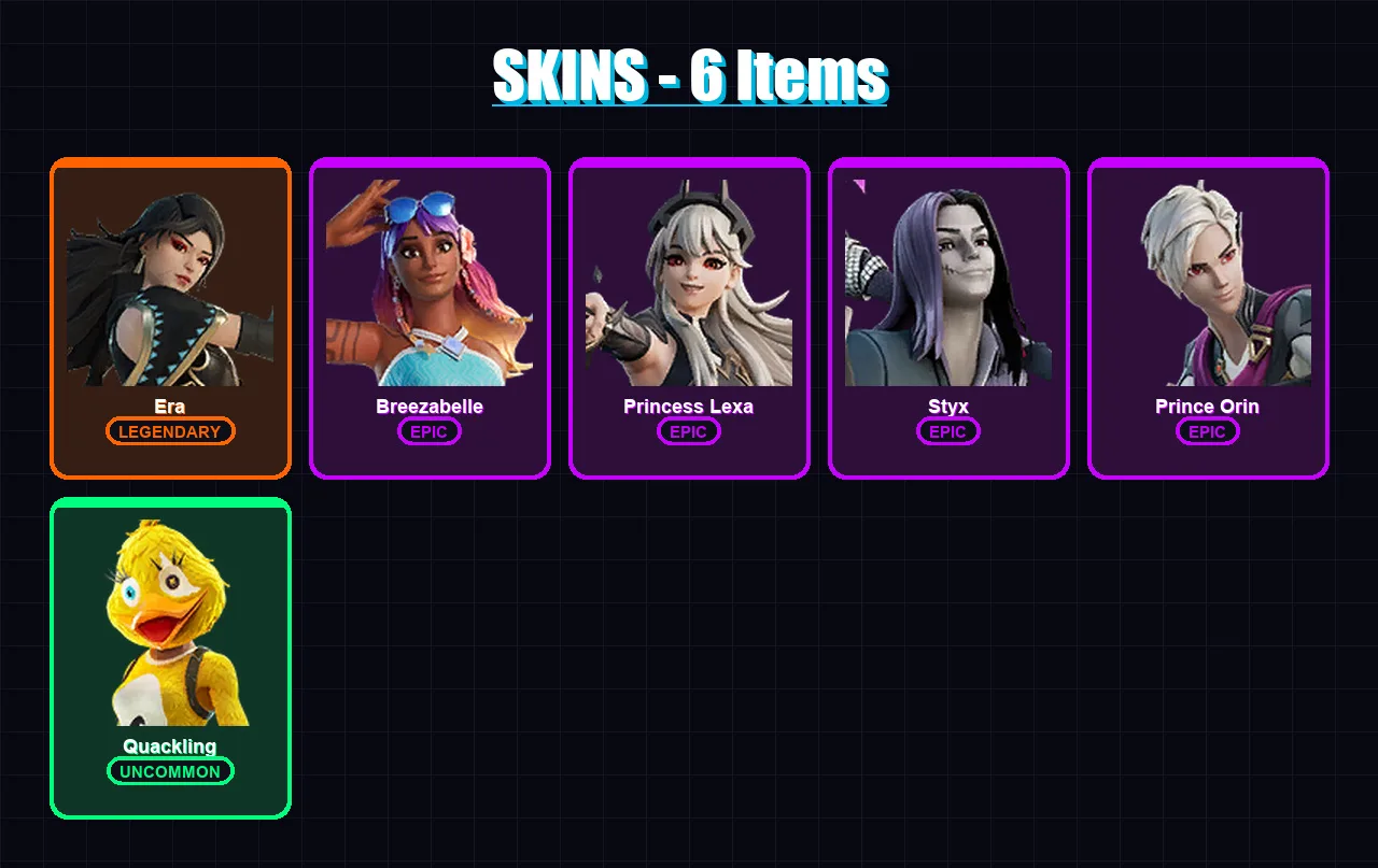 [PC/XBOX/PSN] | Era | Breezabelle | Princess Lexa | Styx | Prince Orin | 6 skin | 9 pickaxe | 6 emote | 7 glider | Lv125