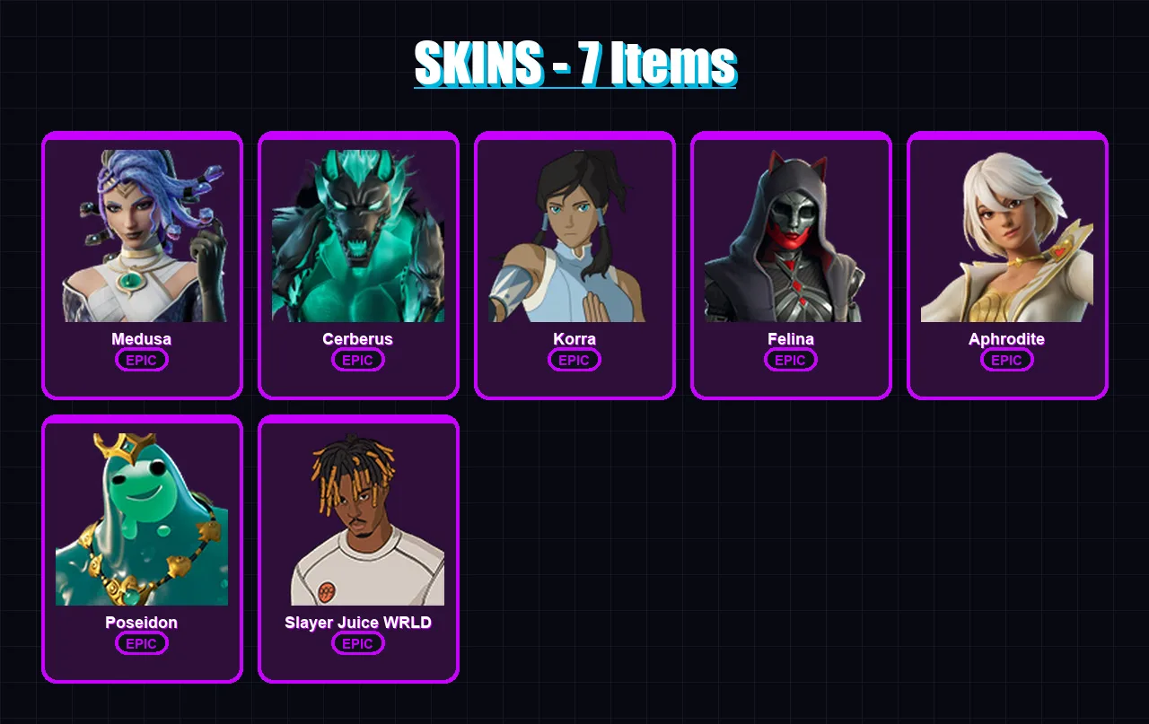 [PC/XBOX/PSN] | Medusa | Cerberus | Korra | Felina | Aphrodite | 7 skin | 21 pickaxe | 11 emote | 14 glider | Lv241