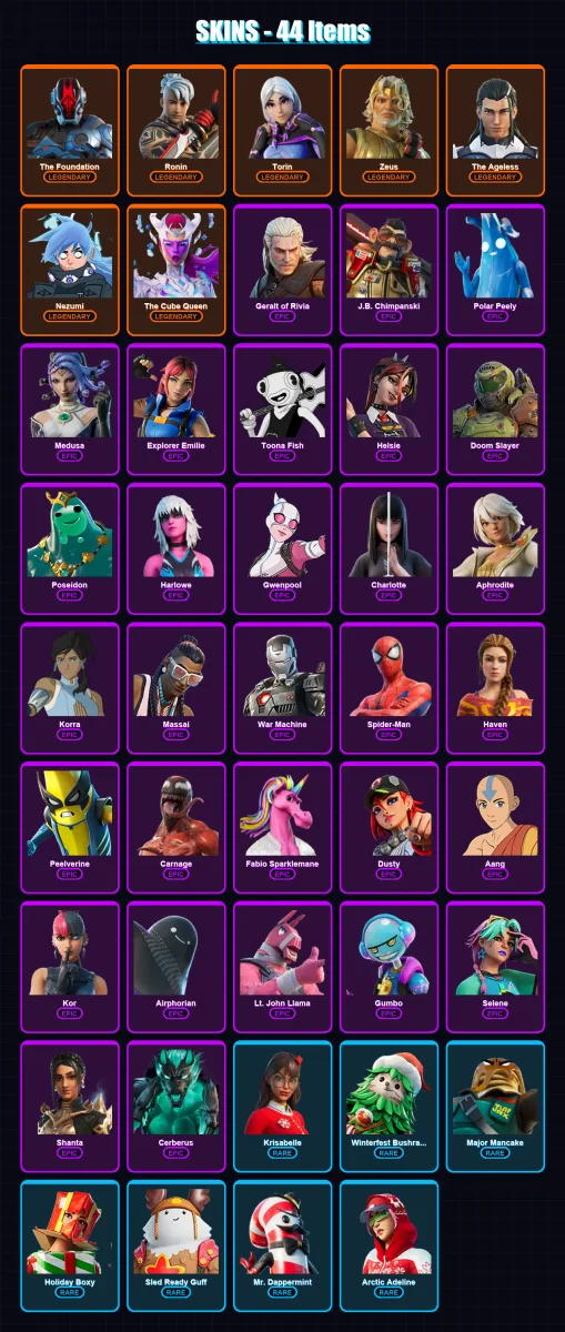 [PC/PSN] | The Foundation | Ronin | Torin | Zeus | The Ageless | 44 skin | 49 pickaxe | 43 emote | 51 glider | Lv755