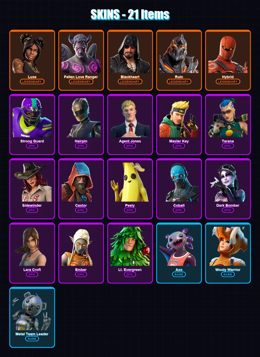 [PC/XBOX/PSN] | Luxe | Fallen Love Ranger | Blackheart | Ruin | Hybrid | 21 skin | 37 pickaxe | 39 emote | 37 glider | Lv642