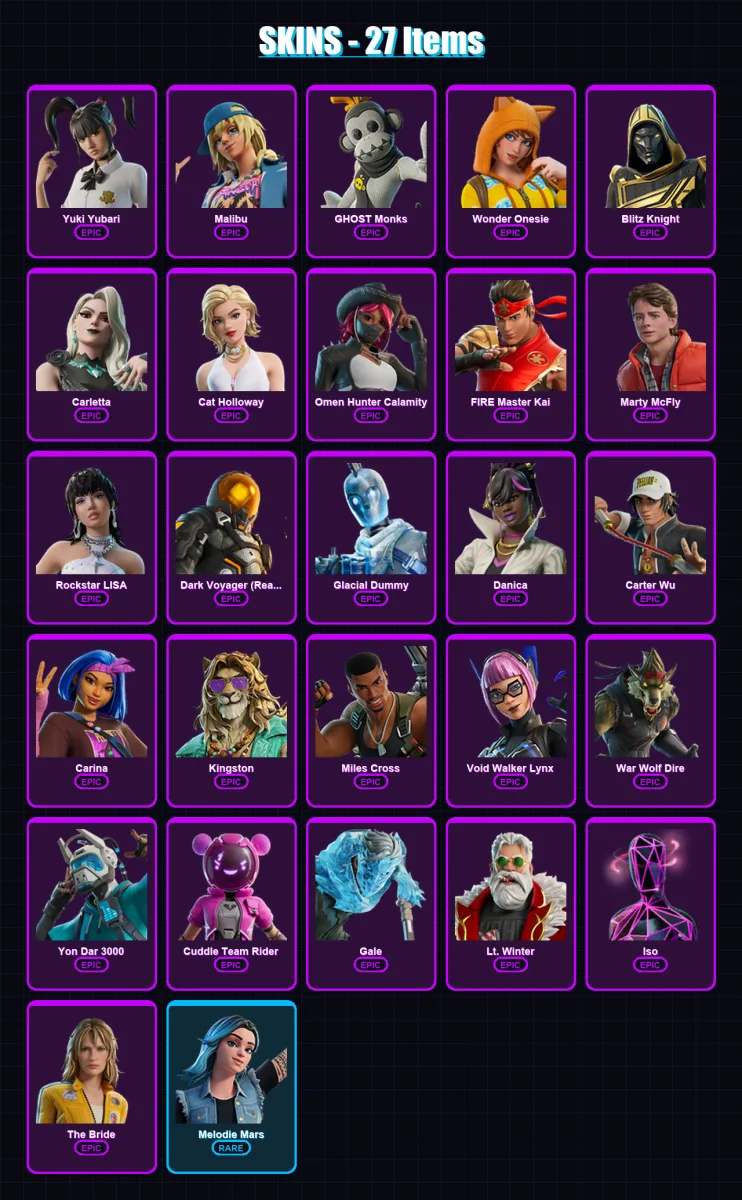 [PC/XBOX/PSN] | Yuki Yubari | Malibu | GHOST Monks | Wonder Onesie | Blitz Knight | 27 skin | 47 pickaxe | 39 emote | 30 glider | Lv428