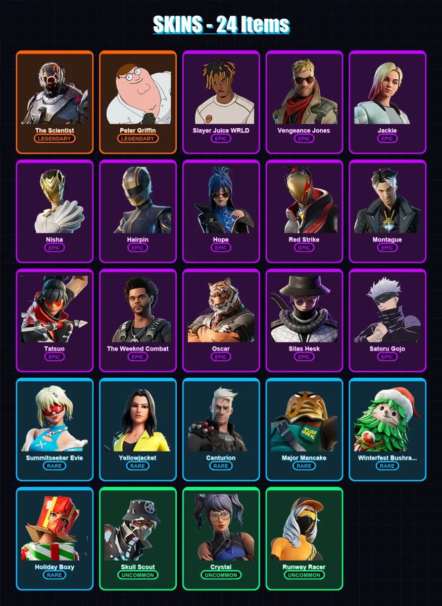 [PC/PSN] | The Scientist | Peter Griffin | Slayer Juice WRLD | Vengeance Jones | Jackie | 24 skin | 27 pickaxe | 25 emote | 21 glider | Lv342