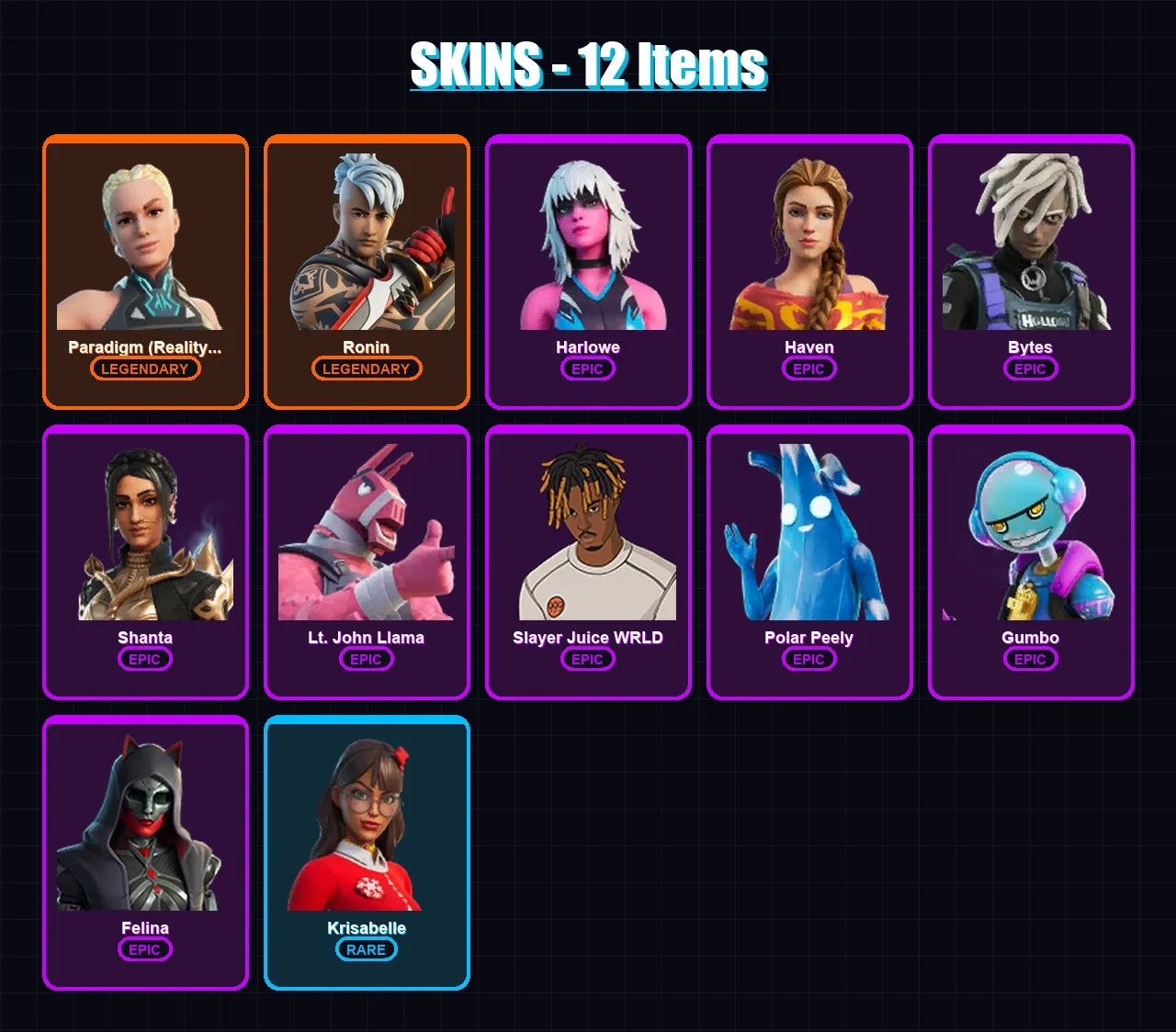 [PS4/PS5/XBOX/PC] | Paradigm (Reality-659) | Ronin | Harlowe | Haven | Bytes | 12 skin | 26 pickaxe | 19 emote | 28 glider | Lv466
