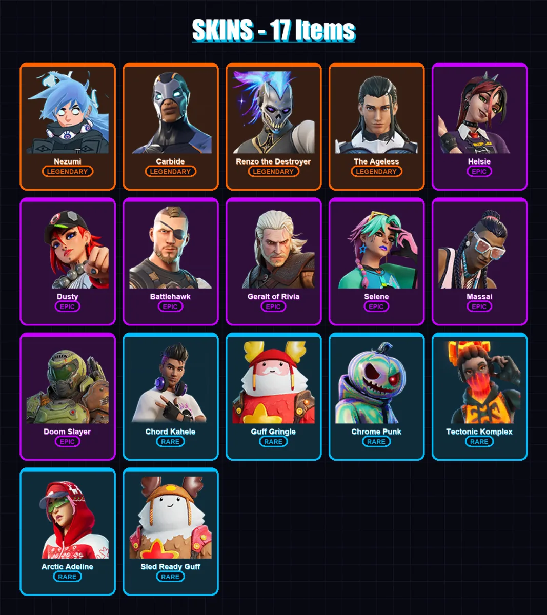 [PC/XBOX/PSN] | Nezumi | Carbide | Renzo the Destroyer | The Ageless | Helsie | 17 skin | 21 pickaxe | 20 emote | 22 glider | Lv322