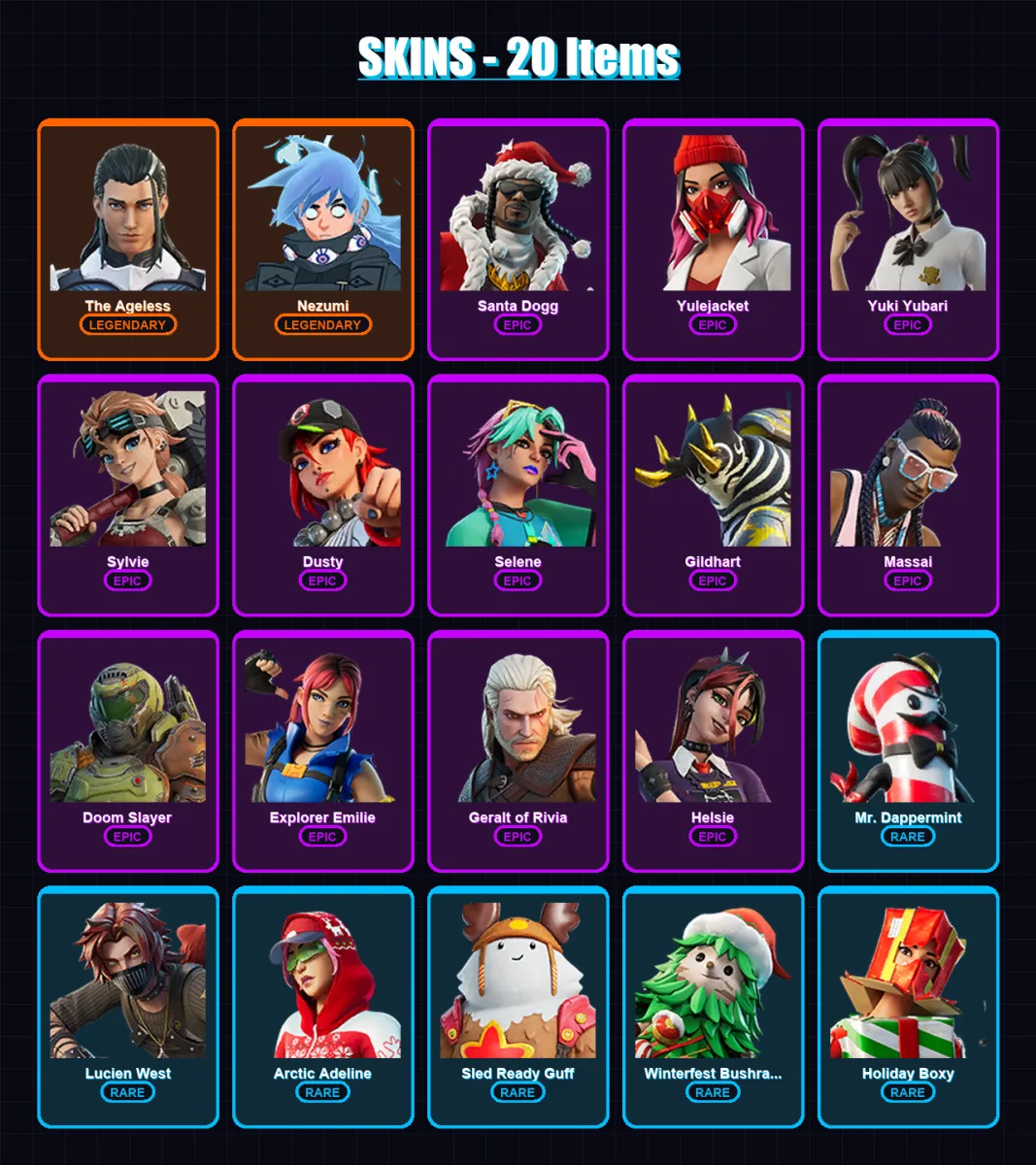 [PC/PSN] | The Ageless | Nezumi | Santa Dogg | Yulejacket | Yuki Yubari | 20 skin | 54 pickaxe | 39 emote | 48 glider | Lv691