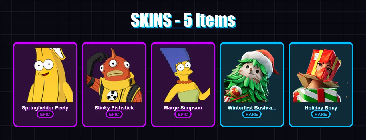 [PS4/PS5/XBOX/PC] | Springfielder Peely | Blinky Fishstick | Marge Simpson | 5 skin | Lv416