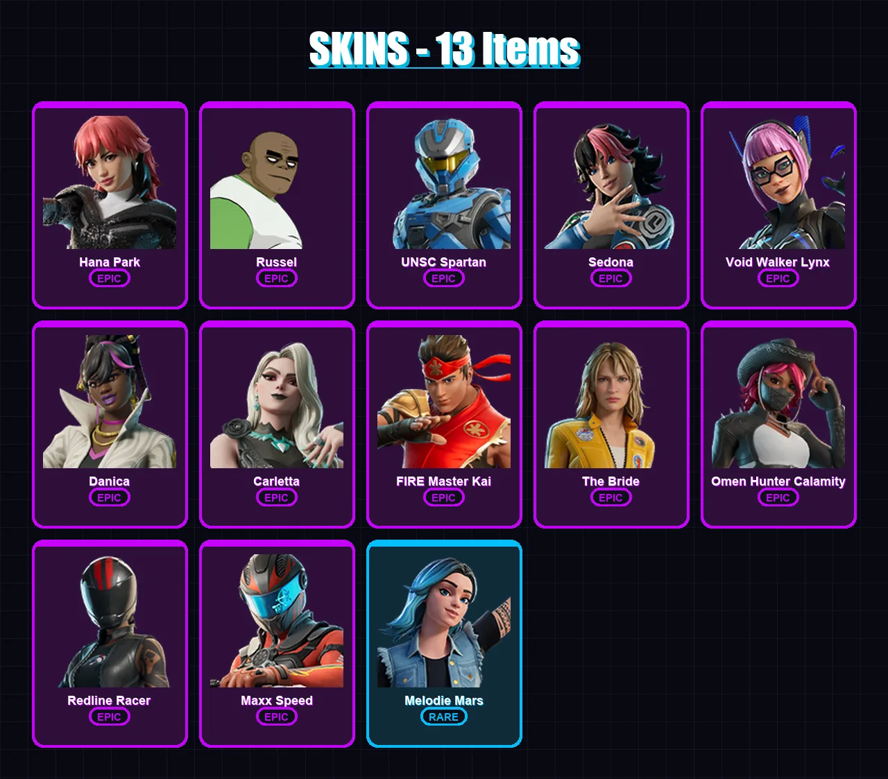 [PC/PSN] | Hana Park | Russel | UNSC Spartan | Sedona | Void Walker Lynx | 13 skin | 13 pickaxe | 7 emote | 9 glider | Lv50