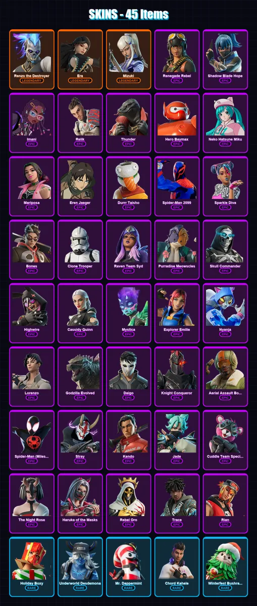 [PC/XBOX/PSN] | Renzo the Destroyer | Era | Mizuki | Renegade Rebel | Shadow Blade Hope | 45 skin | 41 pickaxe | 48 emote | 37 glider | Lv496