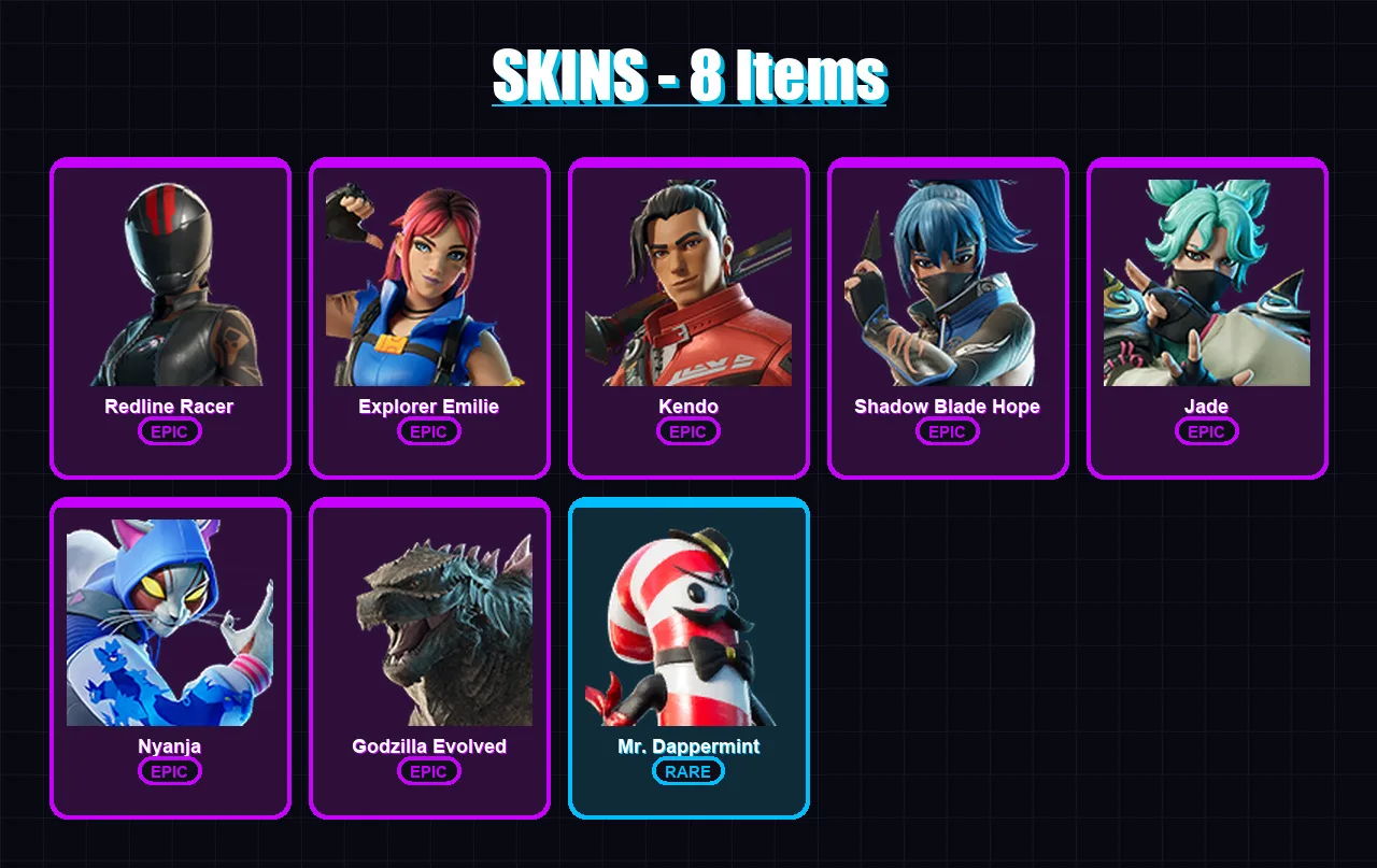 [PC/PSN] | Redline Racer | Explorer Emilie | Kendo | Shadow Blade Hope | Jade | 8 skin | 19 pickaxe | 9 emote | 14 glider | Lv169