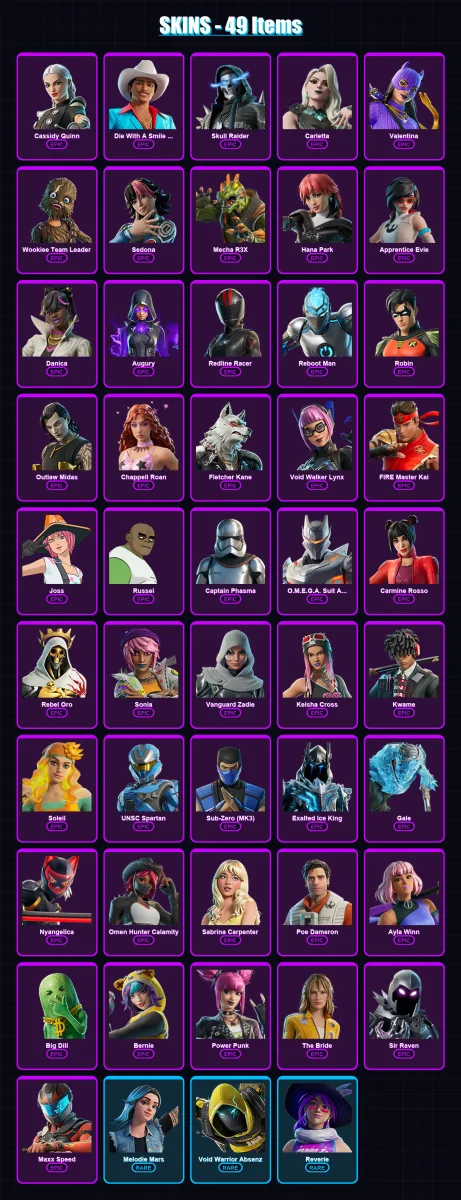 [PC/PSN] | Cassidy Quinn | Die With A Smile Bruno | Skull Raider | Carletta | Valentina | 49 skin | 38 pickaxe | 22 emote | 19 glider | Lv198