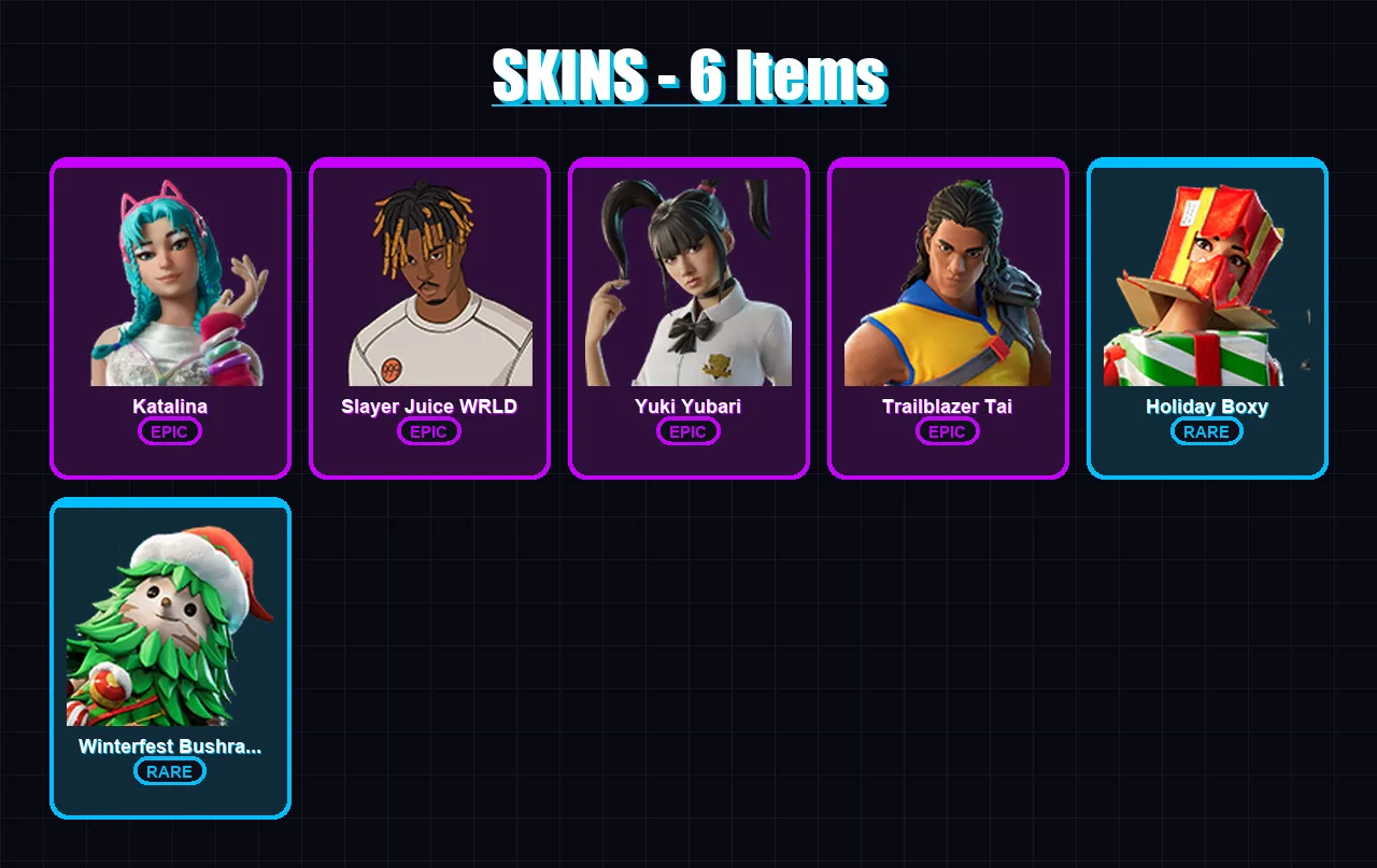[PC/PSN] | Katalina | Slayer Juice WRLD | Yuki Yubari | Trailblazer Tai | Holiday Boxy | 6 skin | 25 pickaxe | 12 emote | 18 glider | Lv195